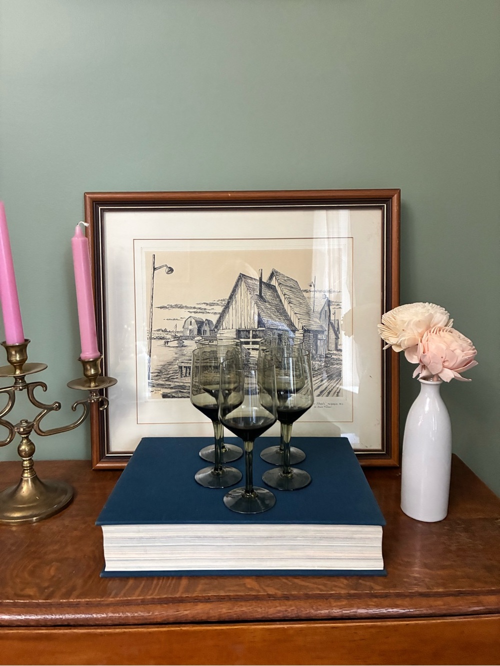 Set of 5 Vintage Smoky Glass Wine Glasses | MCM Style Stemware